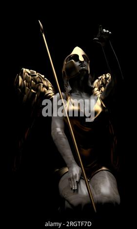 rappresentazione in 3d della statua ombreggiata di pietra antica e angelo guerriero donna d'oro seduta in posa con la lancia su sfondo nero. Foto Stock
