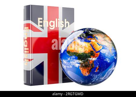 Libro di testo in lingua inglese con Earth Globe. Lezioni e corsi internazionali di lingua inglese, rendering 3D isolato su sfondo bianco Foto Stock