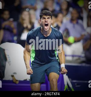 Carlos Alcaraz, spagnolo, celebra la sua vittoria durante il terzo turno contro Hubert Hurkacz, il 6° giorno del National Bank Open 2023 alla Sobeys Arena il 10 agosto 2023 a Toronto, Ontario, Canada. Crediti: Anil Mungal/AFLO/Alamy Live News Foto Stock