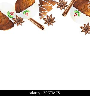 Cornice natalizia ad acquerello con biscotti croccanti di pan di zenzero con glassa, cannella e stelle di anice. Capodanno dipingendo a mano spezie isolate su fondo bianco Foto Stock