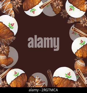 Cornice natalizia ad acquerello con biscotti croccanti di pan di zenzero con glassa, cannella e stelle di anice. Capodanno dipingendo a mano spezie isolate su fondo bianco Foto Stock