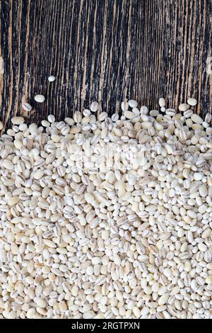 una grande quantità di grano di orzo di perla crudo, grano essiccato grezzo per ottenere il porridge di perla non gustoso, chiodo di semi di orzo di perla sulla tabella Foto Stock