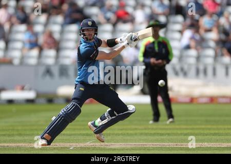 Michael Jones di Durham in battuta durante il match della Metro Bank One Day Cup tra Durham County e Derbyshire al Seat Unique Riverside, Chester le Street, venerdì 11 agosto 2023. (Foto: Mark Fletcher | mi News) crediti: MI News & Sport /Alamy Live News Foto Stock