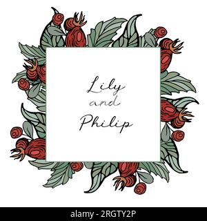 Cornice realizzata con fianchi e foglie di rosa brillante per biglietti, inviti di nozze, saluta la data. Illustrazione vettoriale luminosa. Foglie di rosa e frutta in pugno Illustrazione Vettoriale