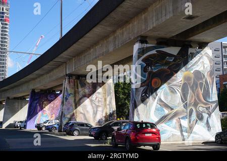 Grandi murales su pilastri di cemento sotto un cavalcavia ferroviario a Brisbane, Queensland, Australia, noto come The Pillars Project Foto Stock