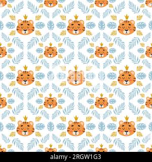 Brillante motivo tropicale estivo senza cuciture. Simpatica tigre, palme che lascia bambini in stile cartoni animati con illustrazione vettoriale. Per vivaio, poster, stampe su tessuto. Illustrazione Vettoriale