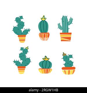 Una serie di piante domestiche. Cactus messicani in pentole, fiori. Illustrazione piatta vettoriale estiva brillante. Elementi di progettazione isolati su sfondo bianco. Per Illustrazione Vettoriale
