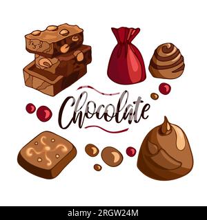 Prepara deliziosi e luminosi pezzi di cioccolato al latte con noci, caramelle e draghi. Celebra la giornata mondiale del cioccolato. Illustrazione vettoriale del cibo da dessert. Per pac Illustrazione Vettoriale