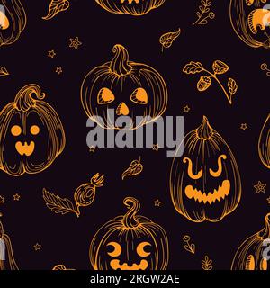 Motivo vettoriale senza cuciture disegno grafico a figura in stile vintage per Halloween. Lanterna Pumpkin Jack. Foglie autunnali, streghe e magia. Per Illustrazione Vettoriale