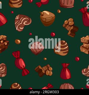 Motivo natalizio vettoriale senza cuciture, con crocchette di cioccolato al latte con noci, dolci e draghi. Giornata mondiale del cioccolato. Illustrazione del cibo da dessert. PA Illustrazione Vettoriale