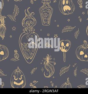 Motivo vettoriale senza cuciture grazioso disegno grafico grafico in stile vintage per Halloween. Lanterna Pumpkin Jack. Funghi magici, pozioni da strega, ciuffi di Illustrazione Vettoriale
