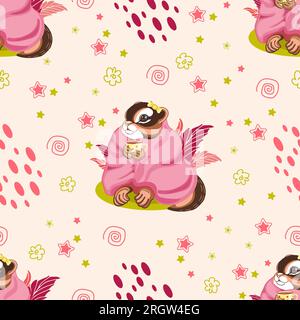 Ripetizione senza cuciture. Simpatiche illustrazioni infantili. Chipmunk ragazza in una coperta rosa. Illustrazione in colori pastello di adorabile animale con un fiocco per infermiere Illustrazione Vettoriale