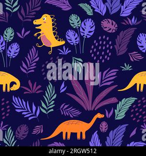 Splendido motivo estivo per bambini. Divertenti dinosauri, piante tropicali felce monstera di palma. Illustrazione vettoriale in stile cartone animato. Per la stampa su fabri Illustrazione Vettoriale