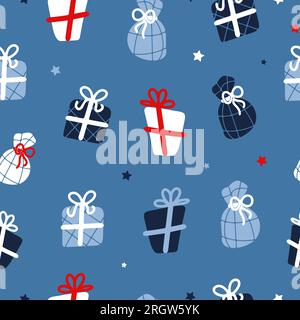 Vivace e carino modello per bambini. Confezioni regalo con fiocchi. Per natale, compleanno, anno nuovo. Illustrazione vettoriale nello stile scandinavo dei fumetti. Per Illustrazione Vettoriale