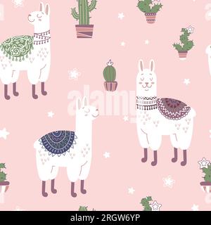 Fantasia senza cuciture brillante per i bambini in stile cartone animato. Graziosi lama con coperte etniche colorate, cactus, stelle, sfondo rosa. Colori pastello alla moda. Per Illustrazione Vettoriale
