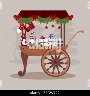 Carrelli decorati, banchi per bancarelle. Fiere dei mercatini di Natale. Piccoli gnomi natalizi brillanti in berretti, stelle, lecca lecca, regalo. Illustrazione vettoriale per Illustrazione Vettoriale