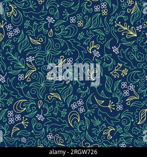 Brillante motivo floreale estivo senza cuciture. In tonalità di terra alla moda. Erbe e fiori di campo su sfondo scuro. Per abiti, carta da parati, stampa o Illustrazione Vettoriale