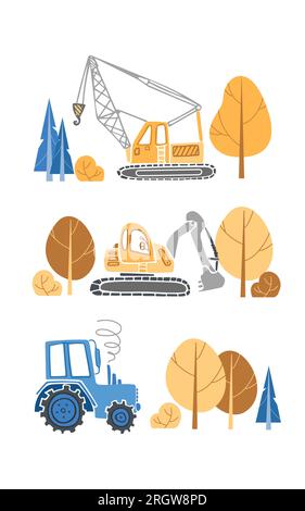 Set di attrezzature per l'edilizia per bambini. Illustrazione di cartoni animati per ragazzi in stile scandinavo. Escavatore per macchine da trasporto, gru per trattori, alberi. Per Illustrazione Vettoriale