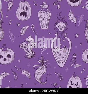 Motivo vettoriale senza cuciture grazioso disegno grafico grafico in stile vintage per Halloween. Lanterna Pumpkin Jack. Funghi magici, pozioni da strega, ciuffi di Illustrazione Vettoriale