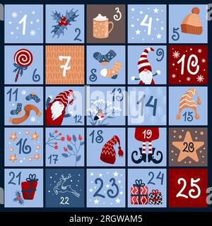 Carino calendario dell'avvento. 25 finestre con numeri. Illustrazione vettoriale in stile cartone animato. Abiti invernali caldi, dolci, regali, fiocchi di neve, piccolo Natale Illustrazione Vettoriale