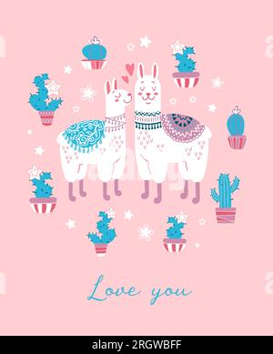 Illustrazione vettoriale carina per il giorno delle valentine. Concetto animalistico coppia di amanti. Cuori, lama, lettere. Ti voglio bene. Per cartoline, poster, stampe Illustrazione Vettoriale