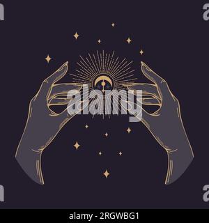 Illustrazione vettoriale in stile vintage. Le mani dorate delle donne reggono il sole, la luna. Halloween, magia, stregoneria, astrologia, mistica. Per i poster, postca Illustrazione Vettoriale