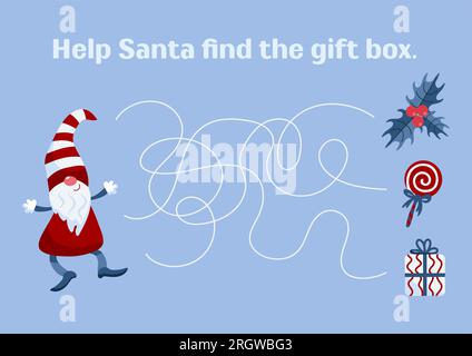 Gioco educativo di Natale e Capodanno per bambini. Aiuta Babbo Natale a trovare un regalo. Per giochi, riviste, stampa di libri, applicazioni, formazione. Illustrazione Vettoriale
