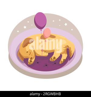 Carina illustrazione infantile. Cucciolo dormiente con palloncini su un cuscino viola. Per asilo, cartoline, adesivi, personaggi in tessuto per bambini. Illustrazione Vettoriale