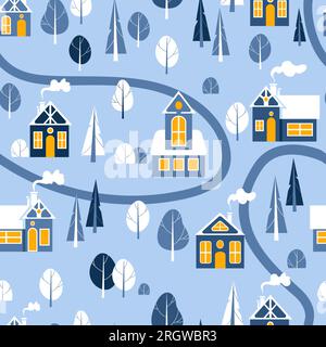Case e alberi nella neve. Graziosa e luminosa illustrazione natalizia in stile scandinavo. Toni blu - giallo. Per asilo, carta da parati, stampa su fabri Illustrazione Vettoriale