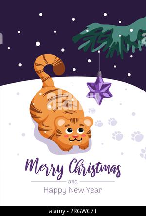 Un grazioso cucciolo di tigre gioca con una stella giocattolo dell'albero di Natale. Buon Natale. Simbolo del Capodanno cinese 2022. Per poster, cartoline, striscioni, stampa Illustrazione Vettoriale