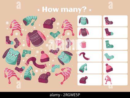 Natale educativo per bambini, gioco di Capodanno. Prendiamo in considerazione capi di abbigliamento invernale caldo. Per giochi, riviste, stampa di libri, applicazioni, formazione Illustrazione Vettoriale