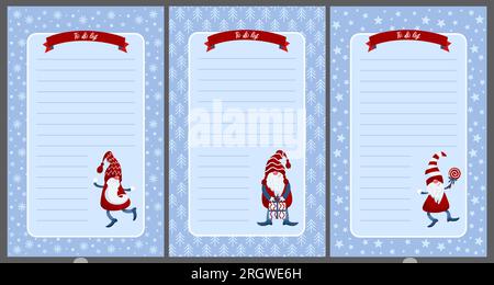 Un set di pianificatori settimanali o giornalieri natalizi per bambini. Piccoli gnomi divertenti con caramelle e un regalo. Stile scandinavo. Illustrazione vettoriale dei cartoni animati. Per n Illustrazione Vettoriale