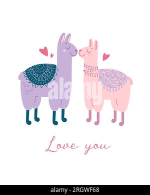 Illustrazione vettoriale carina per il giorno delle valentine. Concetto animalistico coppia di amanti. Cuori, lama, lettere. Ti voglio bene. Per cartoline, poster, stampe Illustrazione Vettoriale