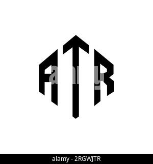 Logo ATR Letter con forma poligonale. Design con logo a forma di cubo e poligono ATR. Modello logo vettoriale esagonale ATR colori bianco e nero. ATR monogr Illustrazione Vettoriale