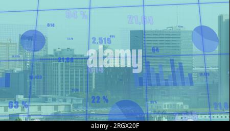 Immagine dell'elaborazione dei dati finanziari su un paesaggio urbano Foto Stock