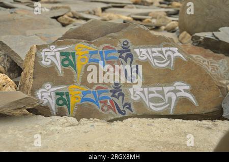 Pietre intagliate con la scritta tibetana "Om mani Padme Hum" a Ladakh, INDIA Foto Stock