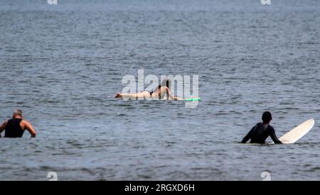 Tre persone su tavole da surf nell'oceano in attesa che si formi un'onda per poter fare un giro e navigare fino a riva. Foto Stock