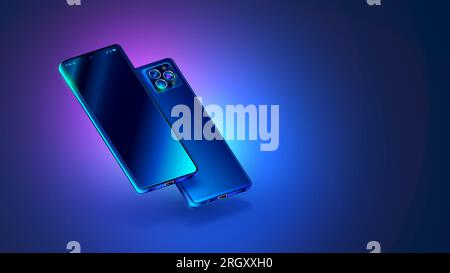 Telefoni su entrambi i lati con angolo di sospensione sopra il tavolo. Modello di telefono vettoriale realistico con schermo vuoto. Smartphone sul lato dello schermo e fotocamera sul retro blu Illustrazione Vettoriale