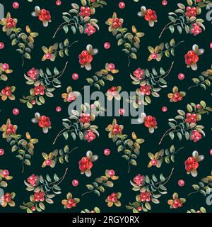 Motivo acquerello senza cuciture con Cowberry. Bacche rosse di bosco disegnate a mano e foglie verdi su sfondo verde scuro. Frutti di lingonberry per tessuti Foto Stock