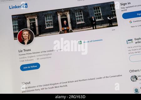 Il sito LinkedIn di Liz Truss, ex primo ministro del Regno Unito. Deputato per South West Norfolk. Foto Stock
