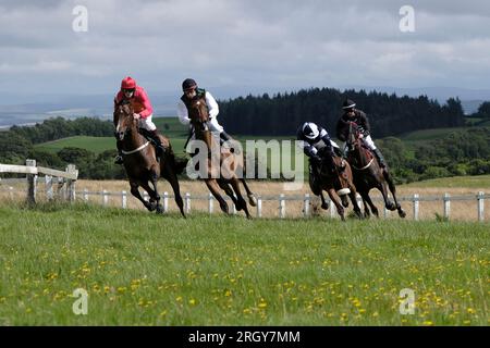 Selkirk, Regno Unito. 12 agosto 2023. Selkirk, Regno Unito. Sabato 12 agosto 2023. Selkirk Flapping Association, gara di gala Rig vicino a Selkirk. Seconda GARA per handicap Ettrick Forest (1? Miles) 4 Runners, vinti da Tich Boyd al Panic Attack, (indossato in rosso), Credit: Rob Gray/Alamy Live News Foto Stock