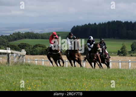 Selkirk, Regno Unito. 12 agosto 2023. Selkirk, Regno Unito. Sabato 12 agosto 2023. Selkirk Flapping Association, gara di gala Rig vicino a Selkirk. Seconda GARA per handicap Ettrick Forest (1? Miles) 4 Runners, vinti da Tich Boyd al Panic Attack, (indossato in rosso), Credit: Rob Gray/Alamy Live News Foto Stock