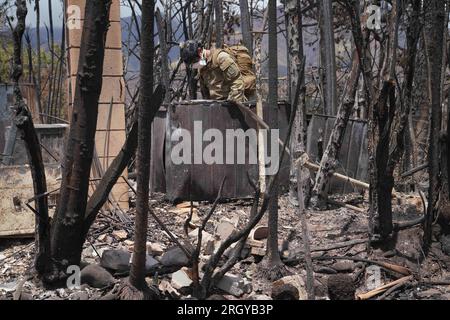 Le guardie nazionali delle Hawaii si schierano nella contea di Maui per aiutare nelle ricerche dopo che un incendio selvaggio attraversò Lahaina sull'isola di Maui, nelle isole Hawaii degli Stati Uniti d'America. Foto del Master Sgt. Andrew Jackson, Stato delle Hawaii, Dipartimento della difesa, Ufficio affari pubblici Foto Stock