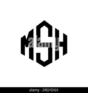 Logo MSH Letter con forma poligonale. Design con logo a forma di cubo e poligono MSH. Modello con logo vettoriale esagonale MSH in bianco e nero. MSH monogr Illustrazione Vettoriale