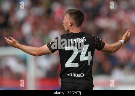 Exeter, Regno Unito. 12 agosto 2023. Andy Lyons n. 24 di Blackpool reagisce durante il match di Sky Bet League 1 Exeter City vs Blackpool a St James' Park, Exeter, Regno Unito, il 12 agosto 2023 (foto di Gareth Evans/News Images) a Exeter, Regno Unito il 12/8/2023. (Foto di Gareth Evans/News Images/Sipa USA) credito: SIPA USA/Alamy Live News Foto Stock