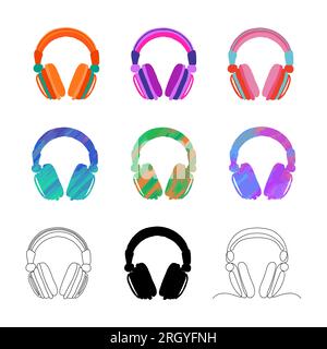 Set di cuffie luminose in diversi colori e texture in uno stile piatto, silhouette nera e contorno di auricolari, cuffie in un'unica linea S. Illustrazione Vettoriale