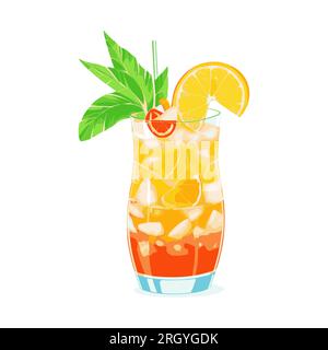 Cocktail fruttato alcolico giallo-rosso con cubetti di ghiaccio, pezzi di arancia e pompelmo, foglie di menta e una cannuccia in un bicchiere. Vettore isolato. Trop realistico Illustrazione Vettoriale