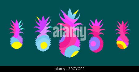 Set di ananas. Luminosi ananas multicolore nello stile pop-art e memphis. Dessert vegetariano sano per disintossicazione e perdita di peso. Vettore i Illustrazione Vettoriale