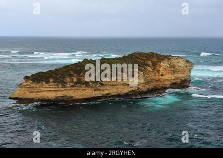 839 il grande isolotto roccioso della nave nel Bay of Islands Coastal Park, affollato di uccelli marini nidificanti. Peterborough-Australia. Foto Stock