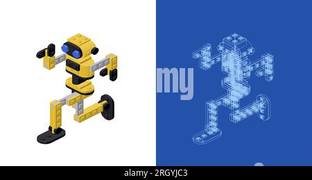 Concept con un robot danzante in stile isometrico per stampe e decorazioni. Illustrazione vettoriale. Illustrazione Vettoriale